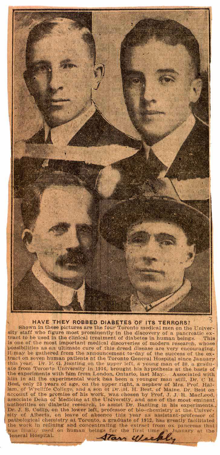 Toronto Star weekly newspaper clipping of March 26, 1922 shows (from top left, clockwise) Frederick Banting, Charles H. Best, James B. Collip and J.J.R. Macleod