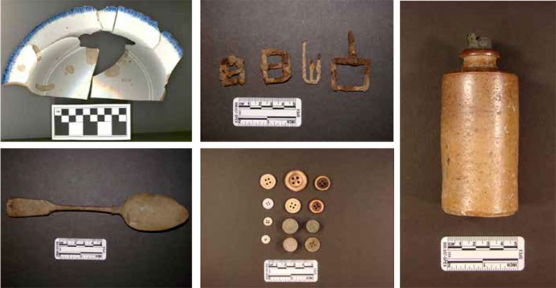 Over 135,000 artifacts were excavated during multiple field seasons at the MacDonell-Williamson site. Clockwise from top left: a blue edged platter, horse harness buckles, a stoneware bottle with cork intact, various buttons and a spoon.
