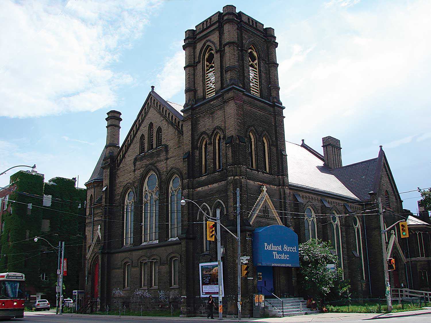Toronto’s Bathurst Street Theatre was originally the Bathurst Street Wesleyan Methodist Church (later the Bathurst Street United Church), built in 1888. In 1985, the congregation no longer used the space and rented it to the theatre company. The Bathurst